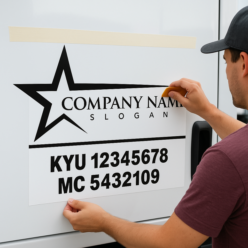 Applying USDOT vinyl decal with star logo to white commercial truck using squeegee and masking tape.