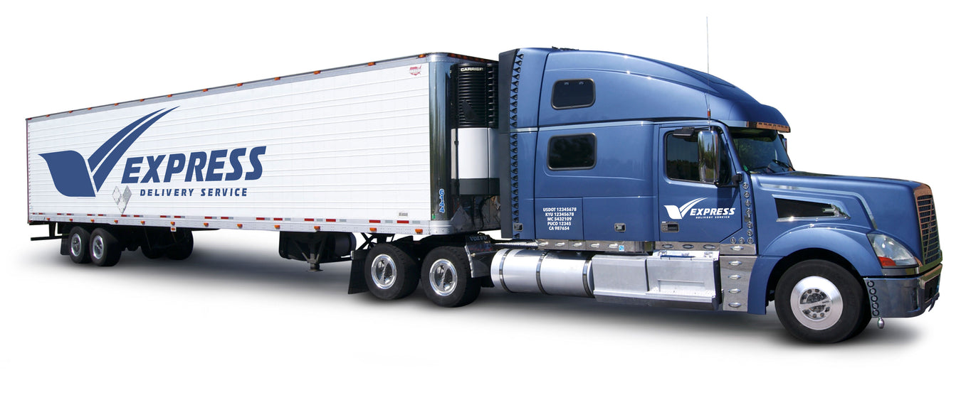 A photo of a semi truck that is parked at the dotnumberstore.com and is haing vinyl decals installed on the trailer and the door of the tractor/ trailer rig.