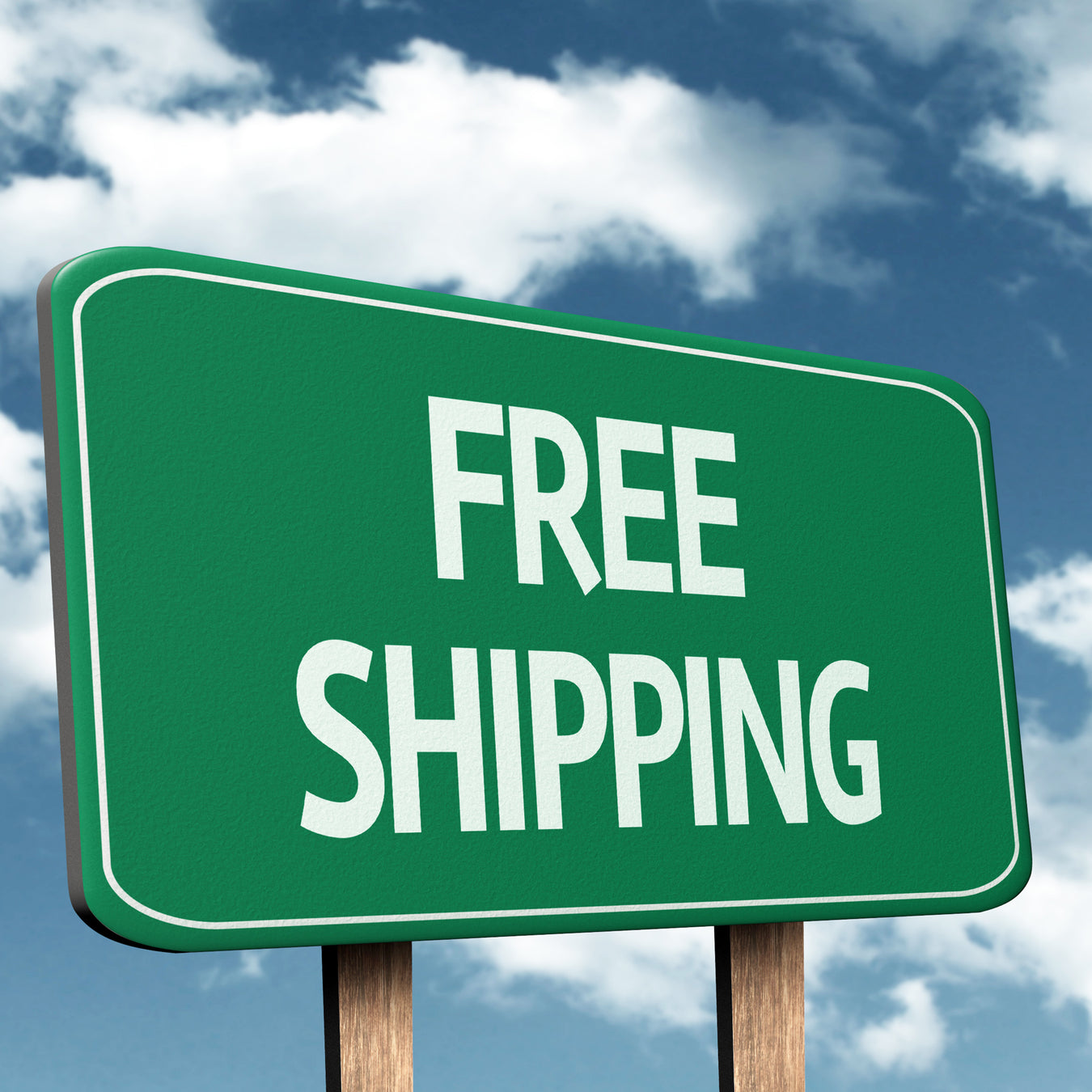 Green sign with free shipping in white lettering.