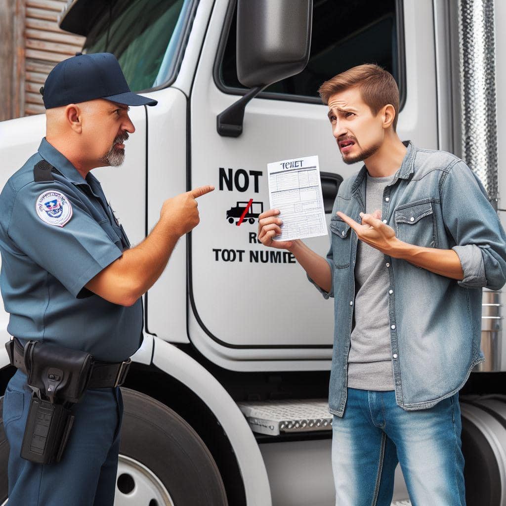this is a photo of a trucker being inspected for USDOT number compliance. THe inspector appears unhappy with the trucker for not being USDOT complaint.