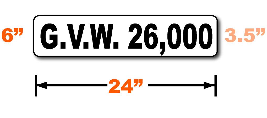 Dimensions of large Gross Vehicle Weight magnetic sign for vehicles are 24 inches by 6 inches with 3.5 inch tall text.