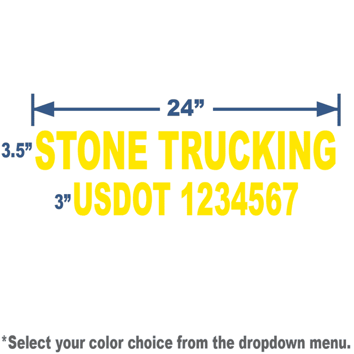 24x8 Yellow USDOT Number Sticker with 3" tall lettering includes company name and USDOT number 