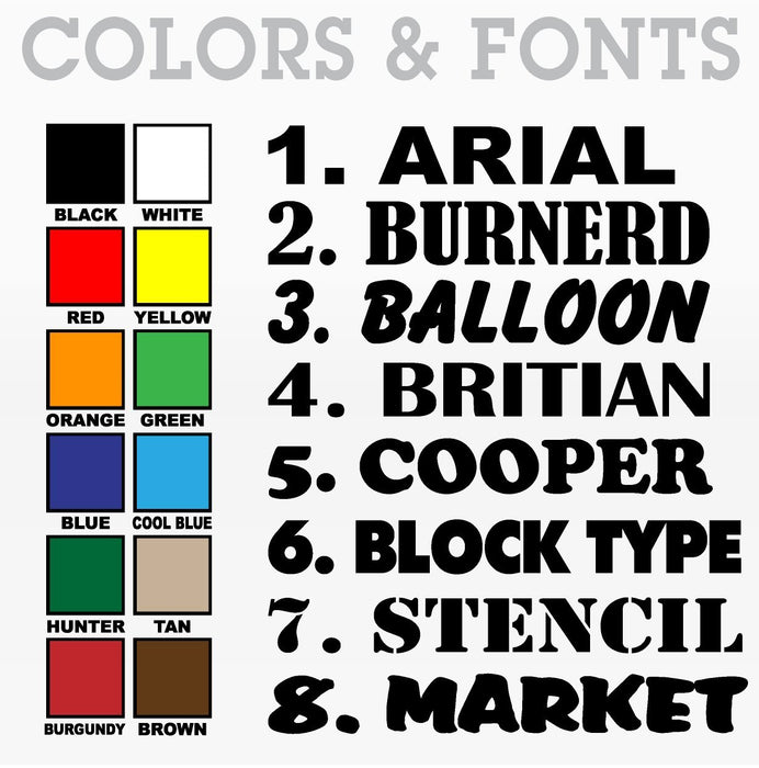 Basic fonts and vinyl colors available for our boat registration numbers