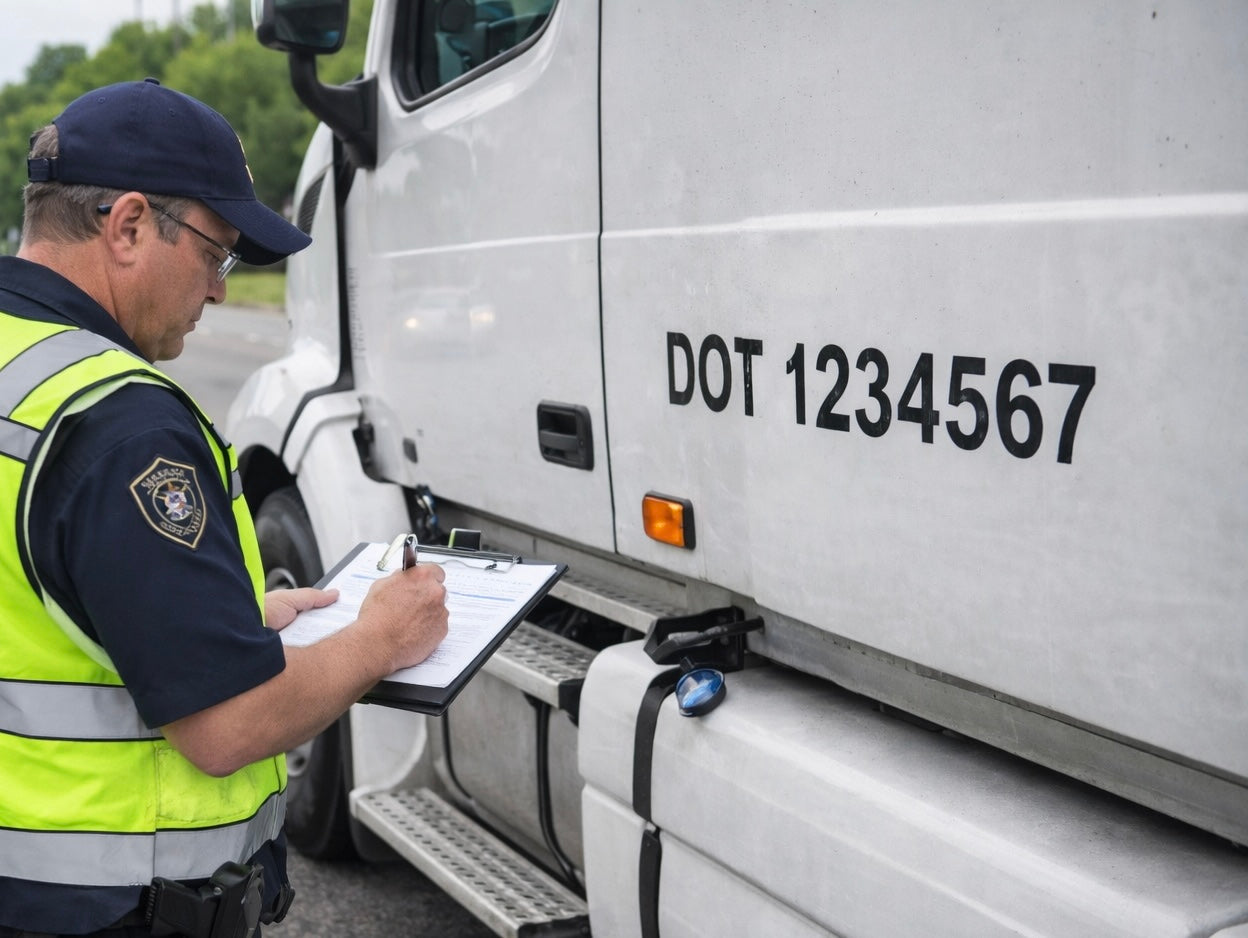 DOT officer inspecting commercial truck roadside compliance check