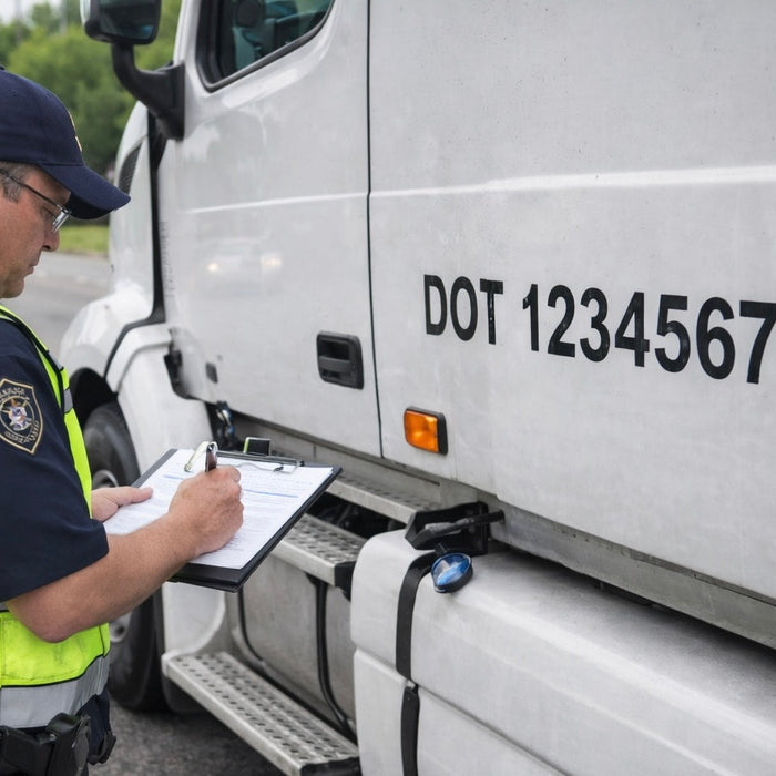 DOT officer inspecting commercial truck roadside compliance check