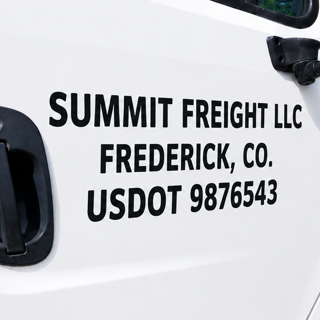 White commercial freight truck with properly displayed USDOT number, company name, and MC number on the driver's door meeting FMCSA vehicle marking requirements.