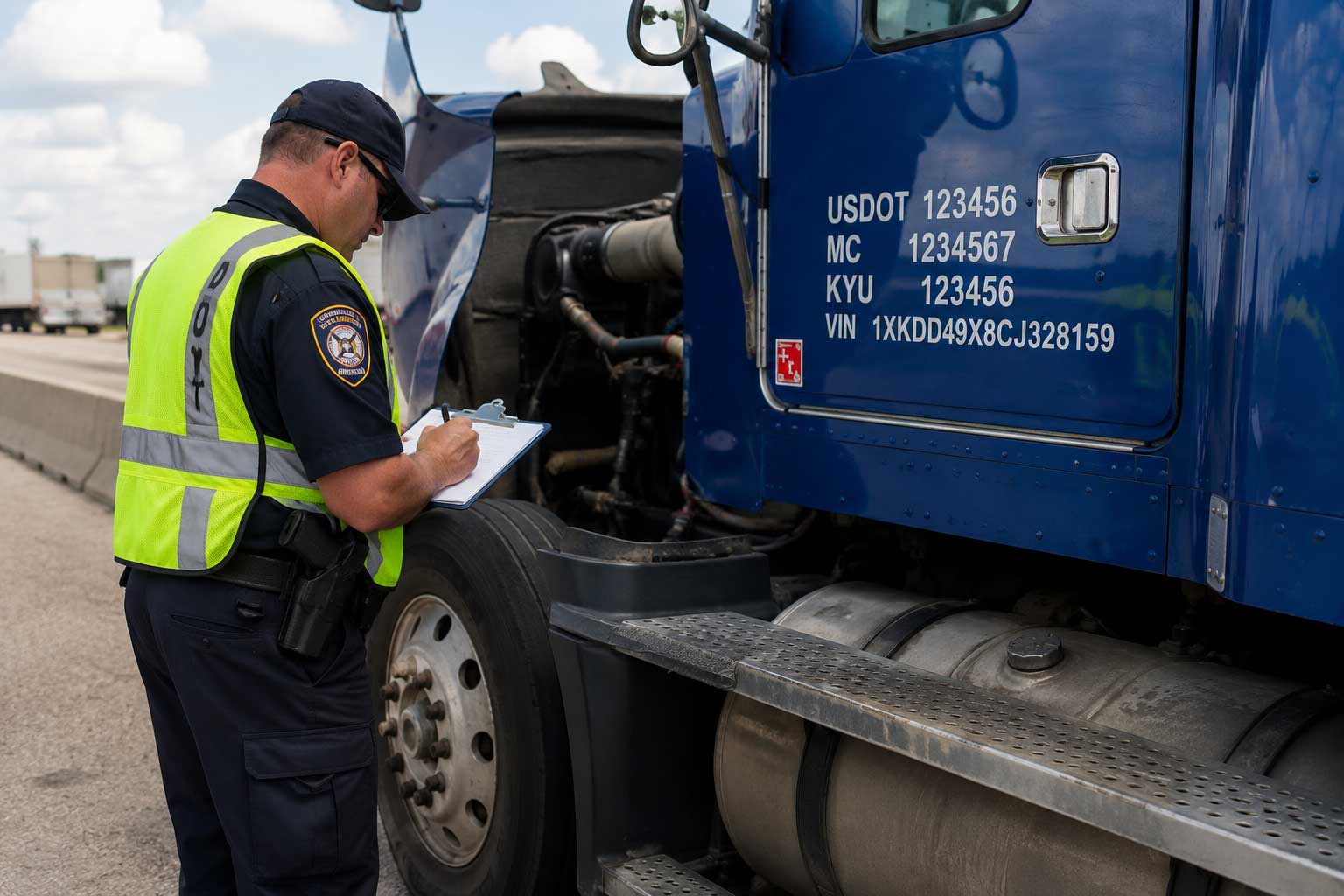 A usdot inspector reviewing information for a commercial carrier at a road stop
