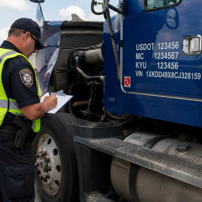 A usdot inspector reviewing information for a commercial carrier at a road stop