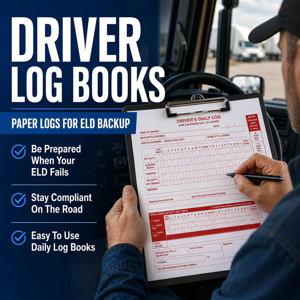 Commercial truck driver filling out a paper daily log book in a truck cab. ELD backup log books for hours of service recordkeeping and driver compliance.