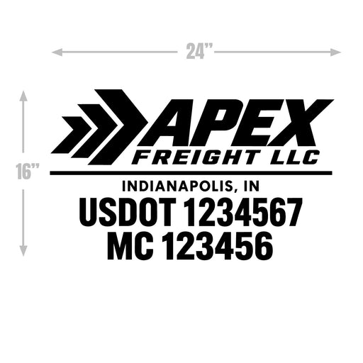 Black and white truck shipping label template featuring the Apex Freight LLC logo, Indianapolis, IN text, and sample USDOT and MC numbers, with dimension arrows indicating 24 inches wide by 16 inches tall.