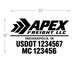 Black and white truck shipping label template featuring the Apex Freight LLC logo, Indianapolis, IN text, and sample USDOT and MC numbers, with dimension arrows indicating 24 inches wide by 16 inches tall.