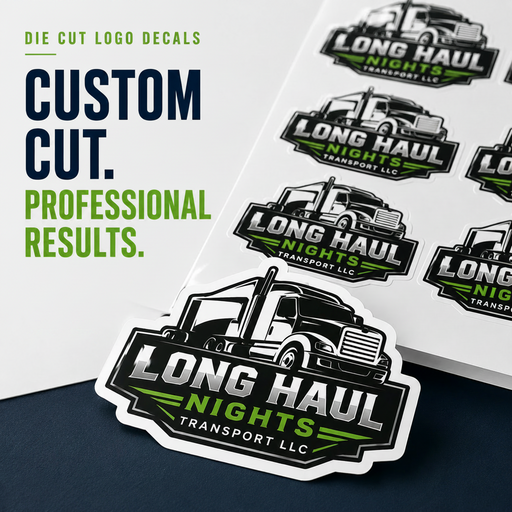 Custom die cut logo decals printed on premium vinyl sheets for trucks, fleets, business branding, and company logo applications