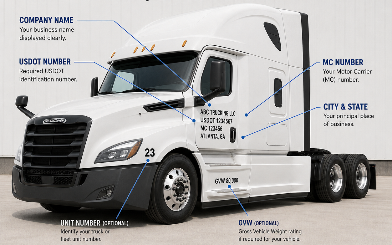 An informational graphic titled 'USDOT COMPLIANCE PACKAGES' showing a white semi-truck with blue callout lines labeling trucking document fields such as company name, USDOT number, MC number, city and state, unit number, and GVN weight rating.