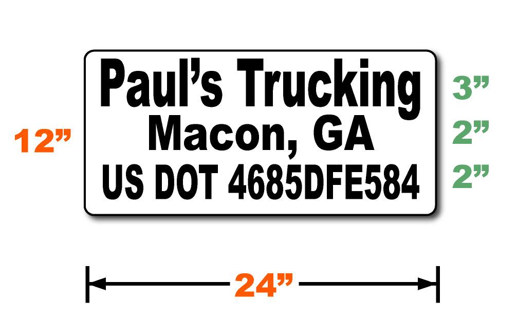 Dimensions layout for 24 inch by 12 inch custom USDOT magnetic signs with black text. 