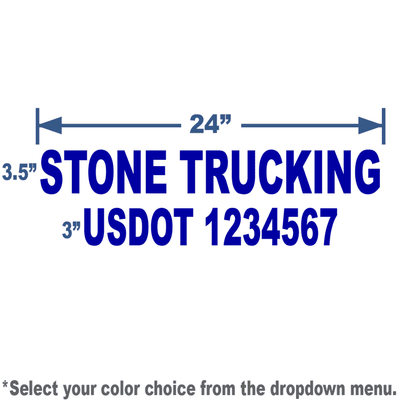 Blue USDOT Number Sticker with 3" tall lettering includes company name and USDOT number