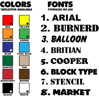 Font and vinyl color selection chart for us dot decals.
